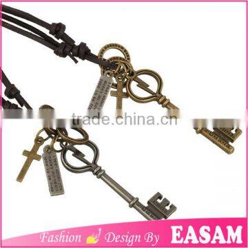 Fashion key pendant leather cord necklace/handmade leather necklaces fro men