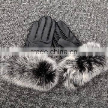Winter Leather Car Driving Gloves Flannelette Inside With Fox Fur Double Face Sheepskin