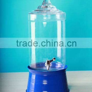 Glass water dispenser with blue base metal material