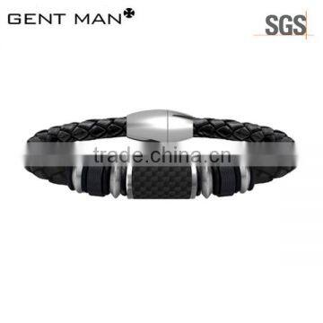 100% Carbon Fiber Stainless Steel Leather Men Bracelet with Magnetic Clasp