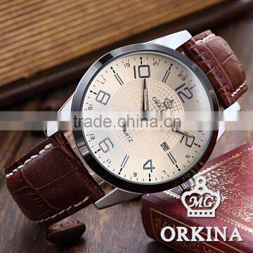Orkina Coffee Leather Stainless Steel Case Chrono Quartz Men's Analog Sport Watch photo-3