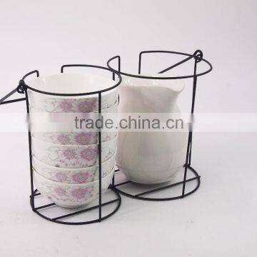 Set of pitcher and 6pcs bowl with metal rack,ceramic bowl set