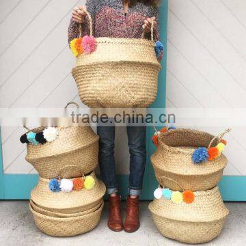 Decorative Seagrass Storage Baskets, Belly Seagrass Basket With Pompoms photo-6
