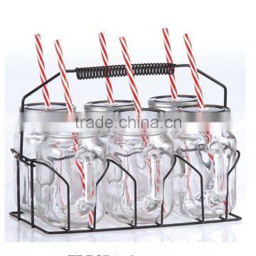 6pcs set mason jar with handle and straw glass mason jar with rack