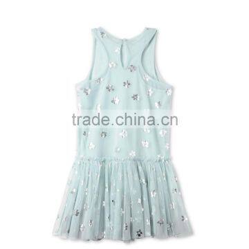 Printed Metallic Flowers Girl Tulle Party Dress Kids Frocks Neck Designs Childern Frock Model HSd5178 photo-3