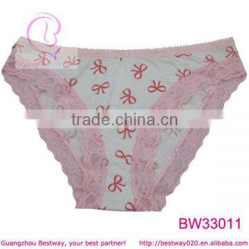 Fancy pink bows cotton brief panties with lace trim