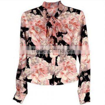 Women Flower Slik Long Sleeves Blouse