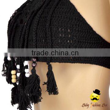 Bohemia Style Black Plain Knitting Halter Decorative Tassel Kids Holiday Swimwear Yong Girl Indian Remake Photo Bikini Bra photo-2