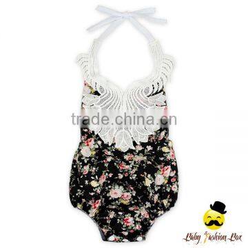Retro Style Soft Cotton Black Flower Printed Halter Lace Froal Baby Girl Vintage Romper Summer Clothes