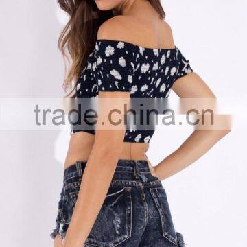 Fashion Off-shoulder Design Short Sleeve Crop Top for Women, Floarl Print Women Tank Top photo-3