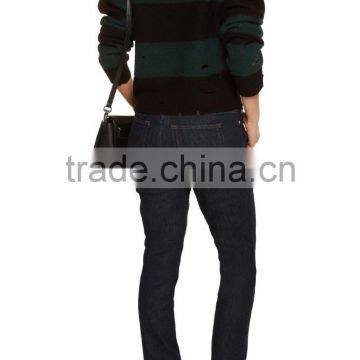High Quality 100% Wool Mid-weight Striped Distressed Sweater Knitted for Women photo-3