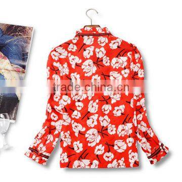 Wholesale Custom Long Sleeve Silk Blouse Printing Red Floral High-necked Daily Top for Ladies Summer Blouse photo-5