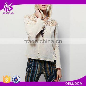 2016 Guangzhou Shandao Manufacturer New Fancy Women Autumn Long Sleeve Net Shoulder White Cotton Plain Blouse Designs