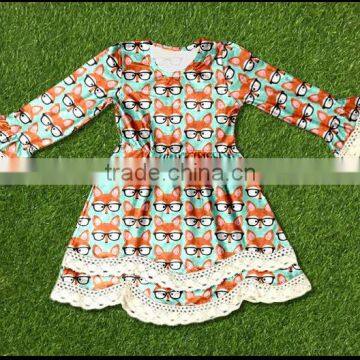 Fashion fox prints lace ruffled sleeve Fall/ Winter baby girl dresses