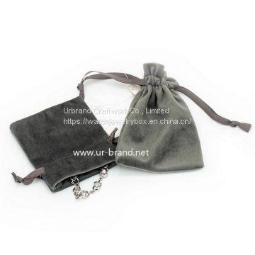 Custom Logo Printed Drawstring Cosmetic Packaging Velvet Bag Gray Jewelry Pouch For Bracelet / Necklace