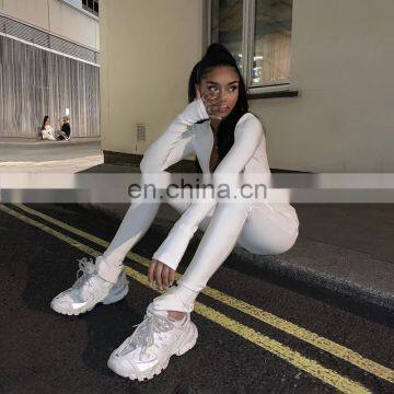 2020 New Street Look Autumn Women's Solid Color Hip-hop Streetwear High Waist Zipper Slim Casual Sports Jumpsuit photo-3