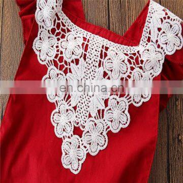 Baby Girl Red Romper Kids Lace Flower Summer Bodysuit photo-5