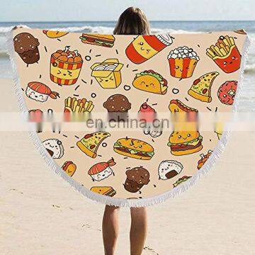Junk Food Beach Towel Blanket With Tassels Burgers Pizza Fast Food Print Teens Girls Fashion Round Yoga Funny Food Blanket photo-5