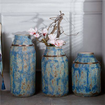 Copper Ring Retro Countryside Style Large Blue Ceramic Flower Vase For Living Room Decor