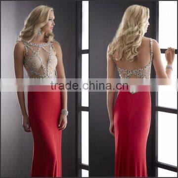 2015 New Sexy Red Spandex Evening Dress with Beading and Hpllow Out High Quality Boat Neck and Sleeveless Evening Dress