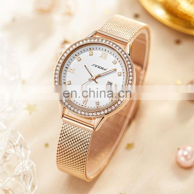 Sinobi Rose gold Steel Mesh Band Watch For Woman Diamond Bezel Dropshipping High Quality Luxury Bling Watch For Female