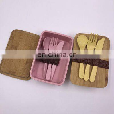 Natural Bamboo Cover Bento Lunch Box Bamboo With Knife,fork And Spoon