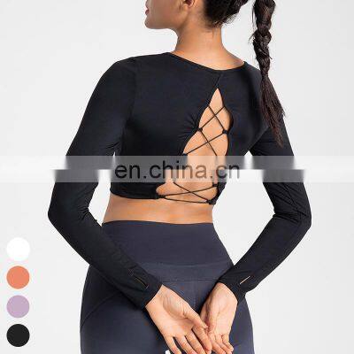 Shockproof Running Clothing Long Sleeve Cross Back Hollow Out Sports Tops Gym Fitness Tshirt Yoga Crop Top For Women With Padded photo-5