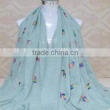 New Style Korea Lady Fashion Cotton 3D Colorful Leaf Embroidery Viscose Shawl