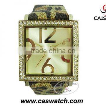 Luxury diamond ladies watch with big alloy case and leopard leather strap