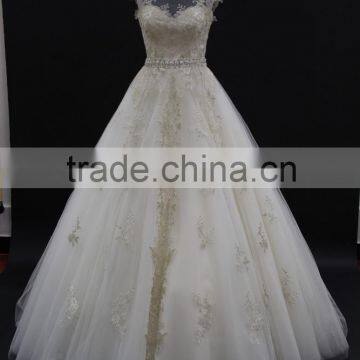 2016 New Silver Lace Light Gold Satin Cap Sleeve Luxy A-line Wedding Dress