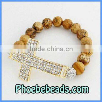 Cross Bracelets Wholesale Gold Plated Sideways Pave Crystal Agate Beaded Stretch Honesty Jewelry PHB-001