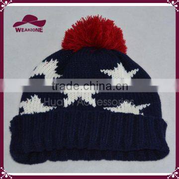 Good Quality Stars Jacquard Kintted Hats, Custom Beanie Hat With Top Ball