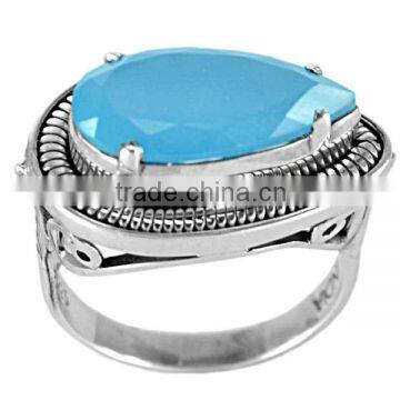 925 Sterling Silver Pear Cut Blue Chalcedony Gemstone Ring Jewelry