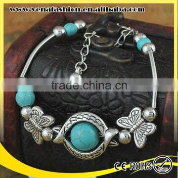 butterfly turquoise bead retro thin silver chain bracelet