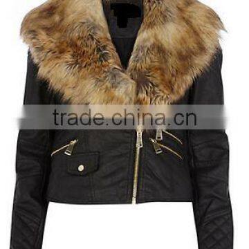 WINTER WOMAN BLACK FAUX FUR COLLAR PU BIKER JACKET