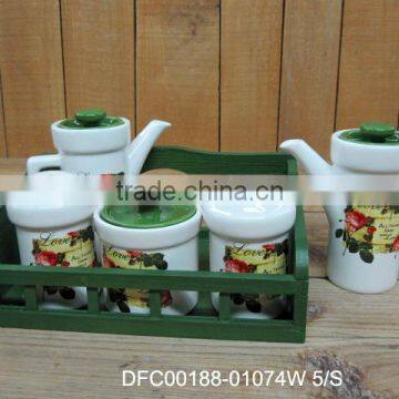 ceramic rose decal 5pcs condiment set with green wooden stand