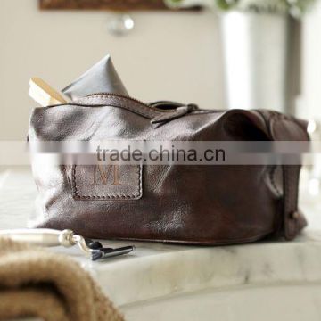 Vintage Men smooth rich leather travel cosmetic bag Shaving kit Bag