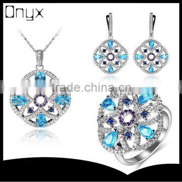 2016 Elegant hollow out light royal blue zircon jewelry set with flower pendant ear studs and ring