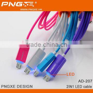 wholesale colorful fast charger micro to 8 pin 2 in 1 led usb cable