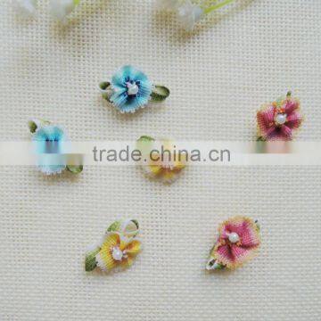 Wholesale small ribbon flower with leaf and pearl in stock