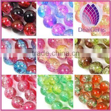 Two tone crackle glass multicolored 8mm round 16inch / strand