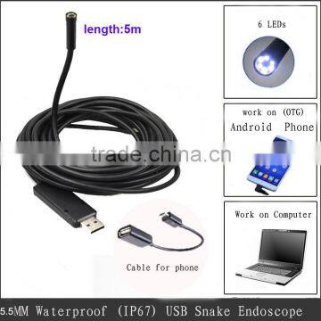 Portable diameter 5.5mm Cable length 5m Waterproof snake tube driver usb mini endoscope camera