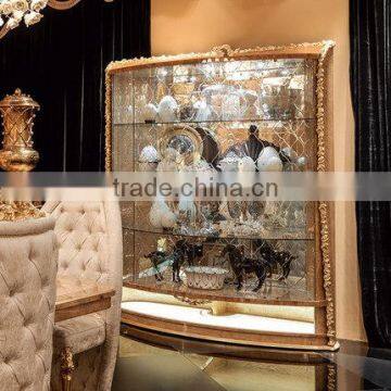 Luxury Golden Fou- Door Display Showcase, Gorgeous Decorative Glass Display Cabinet, Solid Wood Carved Wine Cabinet