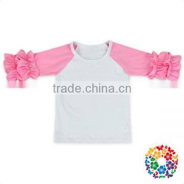 Pink White Knit Cotton 3/4 sleeves Ruffle Raglan Shirts