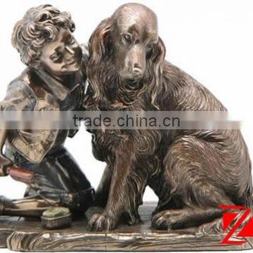 Bronze a boy and a dog sculptures outdoor decoration