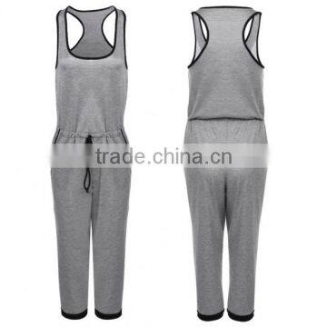 New Fashion O Neck Sleeveless Gray Calf-length Jumpsuit Drawstring Waist Pocket Casual Leisure Loose Romper Sexy Women Playsuit