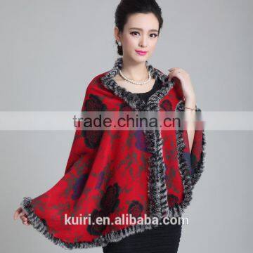 5 Colors New Short Knit Luxury Natural Rabbit Fur Trim Shawl Capes Mixed Color Coat Overcoat for Women Cashmere Pashmina Wraps photo-3