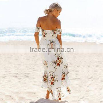 Boho Style Long Dress Women Fashion Off Shoulder Beach Summer Dresses Floral Print Vintage Chiffon White for Wholesale 2017 photo-3