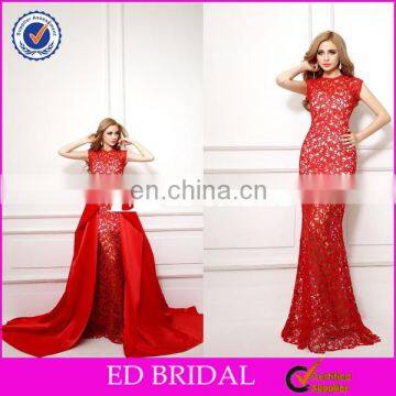 XLRS005 Red High Neck Full Lace See Through Skirt Detachable Satin Skirt Mermaid Evening Dress