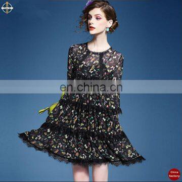 T-D008 Floral Printed Ladies Summer Layered Chiffon Lace Dress